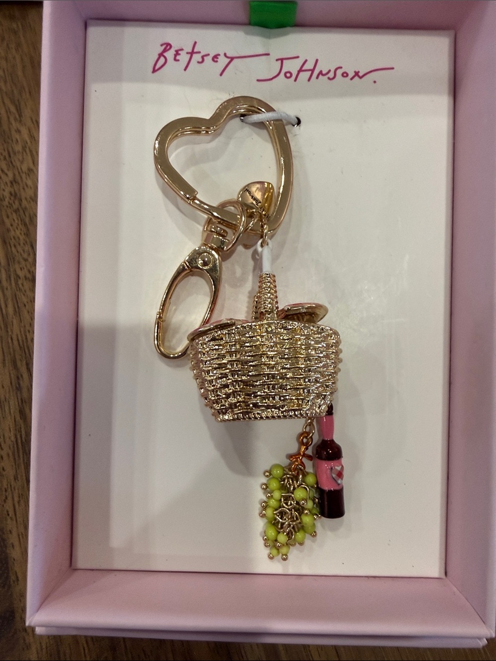 Betsey Johnson Gold Picnic Basket Keychain with Green Charm